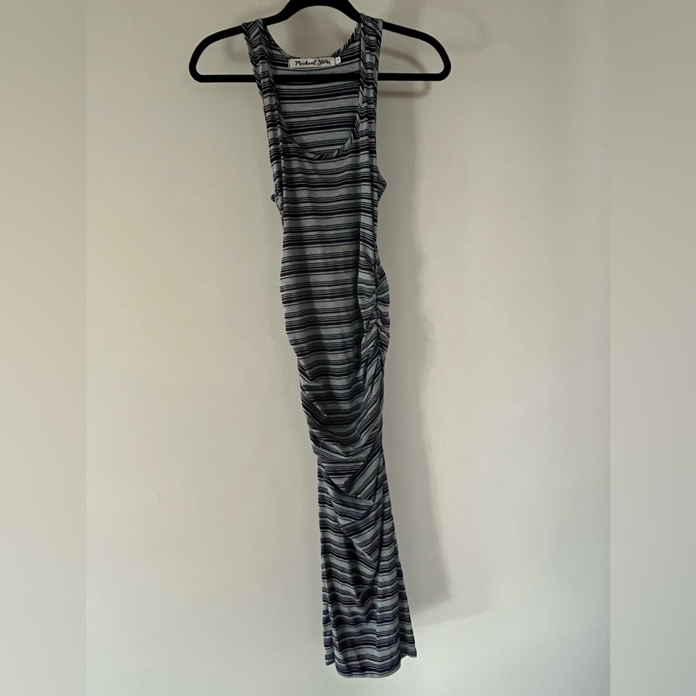 Michael Stars Kali midi dress navy blue gray stripes ruched sides size small